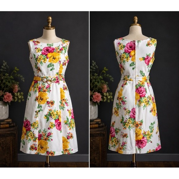 Charter Club Dresses & Skirts - Charter Club Floral Sheath Dress White Yellow Pink Rose Gold Bamboo Belt Size 8